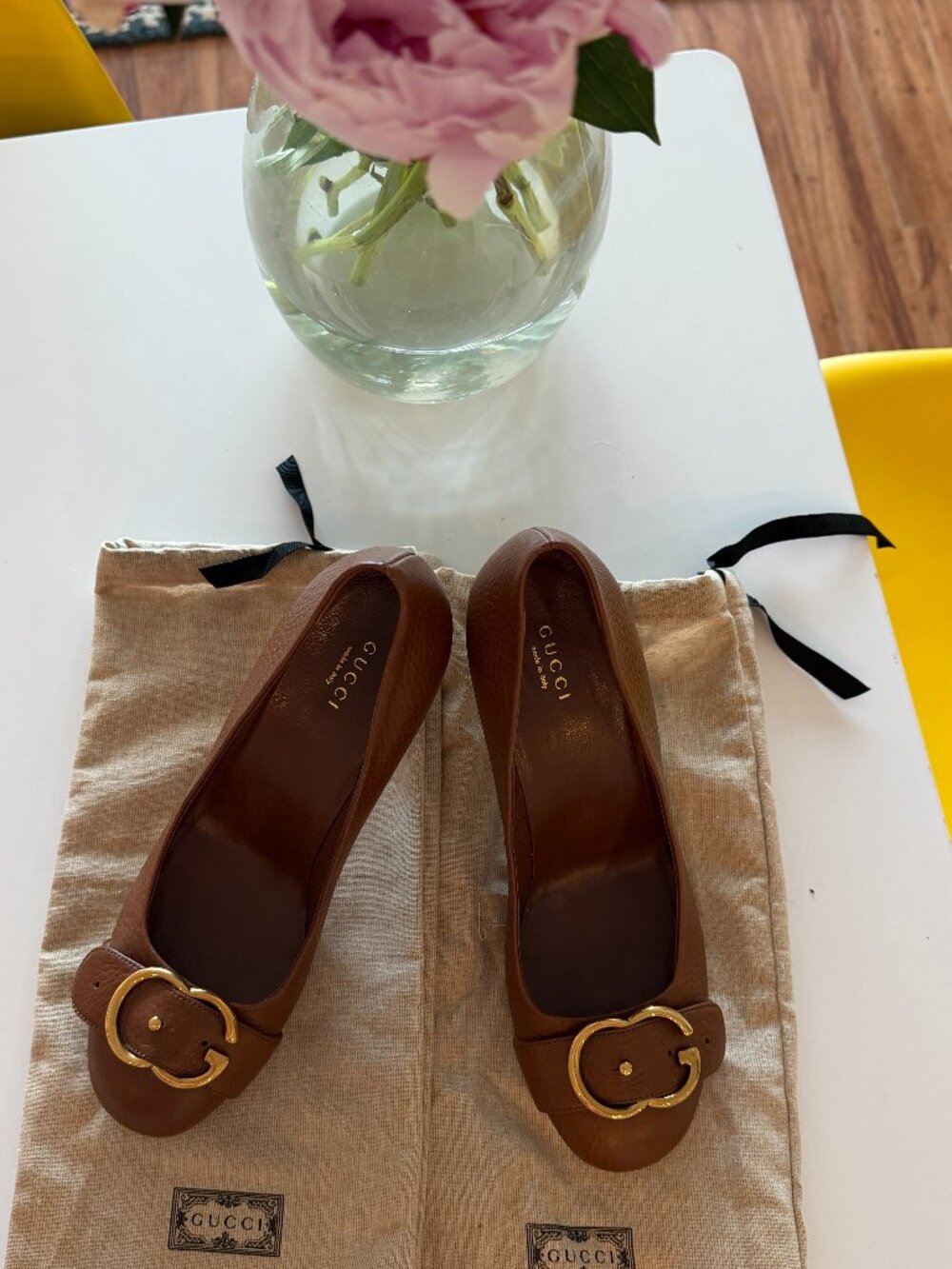 GUCCI Brown Leather "GG" Buckle Hugh Heel Pumps 38.5 EU/ US 8.5